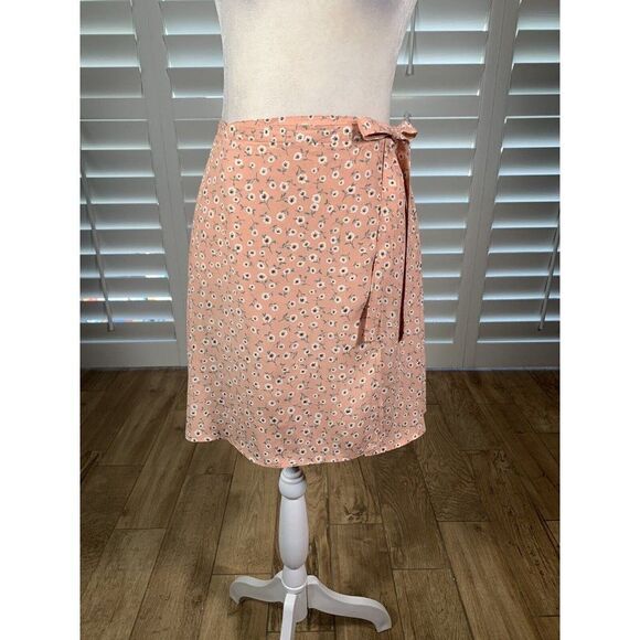 Vtg 90s Streetwear Peach Floral Print A-Line Wrap Mini Skirt Small Rayon Buffy - Picture 2 of 8